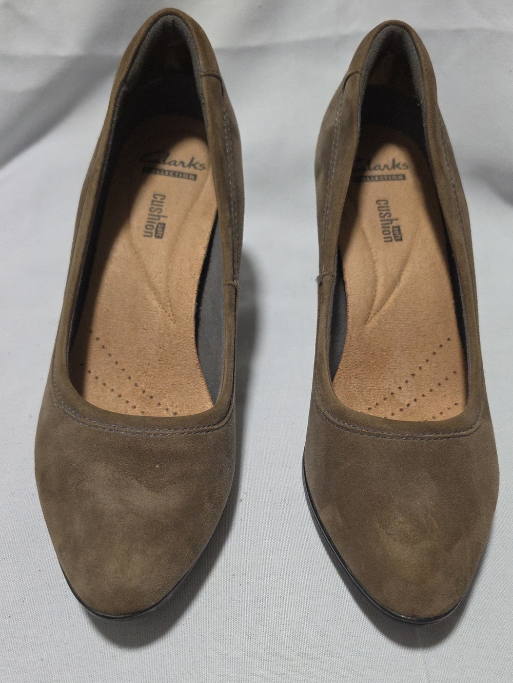Clarks Olive Brown Suede Heeled Pumps